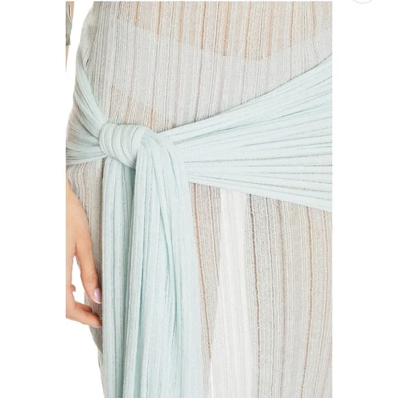 Camila coehlo Callie Sheer Midi Knit Dress in Powder Blue Off-Shoulder Dress
